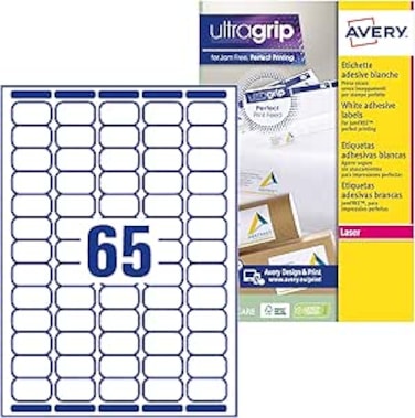 AVERY Self Adhesive Mini Organising Return Address Labels, Laser Printers, 65 Labels Per A4 Sheet, 6500 UltraGrip L7651, White, L7651-100, 707948