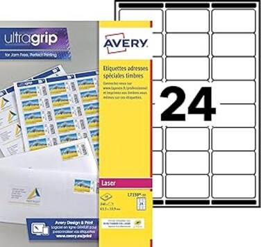AVERY The 7159-10-240 Adhesive Labels White Personalisable for Timbre. 63.5 x 33.9 mm Colour Laser