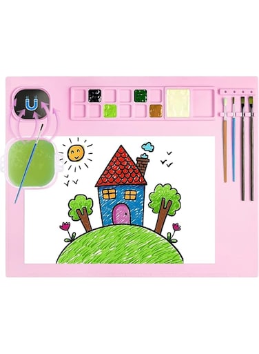 Nnewvante Silicone Painting Mat, Silicone Art Mat with Cup, Silicone Craft Mat with Paint Brush Cleaner Tool, Silicone Artist Mat for Kids Gift Painting Clay DIY Creations (Pink)