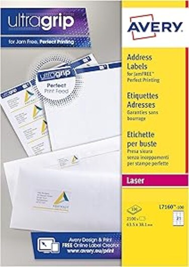 Avery Self Adhesive Address Mailing Labels (Amazon FBA Barcode Labels), Laser printers, 21 Labels Per A4 Sheet, 2100 labels, UltraGrip (L7160), White