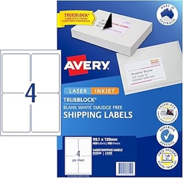 Avery Shipping Labels with Trueblock&reg; for Laser Printers, 99.1 x 139 mm, 400 Labels (959030 / L7169)