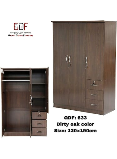 Galaxy Design 3 Door Wardrobe with Drawers &ndash; Modern Cherry MDF Wooden Bedroom Closet with Spacious Storage, GDF-633 Cherry