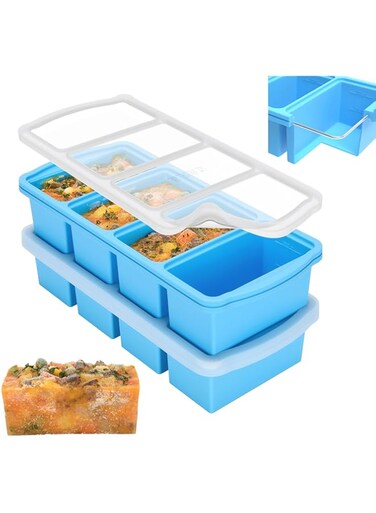 ZIP STANDING Silicone Freezer Trays with Lid,1-cup Soup Freezer Container large Ice Cube Molds with Reinforced Steel Ring Top for freezing Soup Sauce Broth Leftovers oven Dishwasher -Safe(2-Pack)