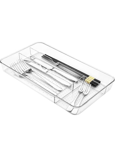 Lomeshow Clear Plastic Drawer Organizer, Cutlery Tray, Cutlery silverware Tray for Drawer, No-Slip Utensil Flatware Tableware Organizer for Kitchen, Makeups Drawer Organizers, 4-Compartment