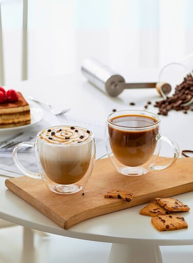 Set of 2- 250ML Borosilicate Double Wall Glass With Handle. Heat-Resistant Insulated Mugs for Coffee, Tea, Espresso &amp; Cold Beverages