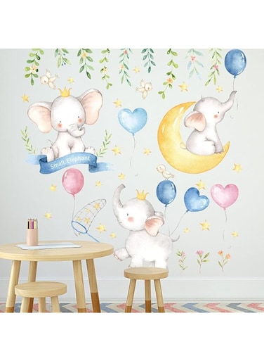 BPA&reg; Large Colorful Flying Elephant Wall Decals, Cute Elephant Hanging Vine Leaves Balloon Stars Wall Stickers, MYKASEN Removable Cartoon Animals Wall Decor for Baby Kids Boy Girl Bedroom Nursery