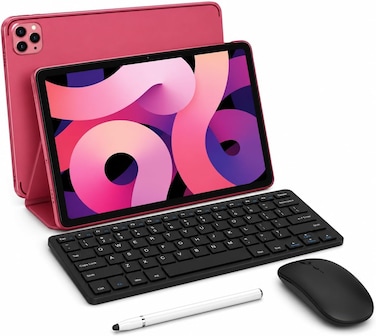 Modio M46 10.1 Inch Android 15 Tablet, 12GB RAM, 512GB ROM, 10000mAh Battery, In-Cell IPS Display, Dual SIM, 8MP Front &amp; 20MP Rear Camera, Wireless Keyboard, Mouse &amp; Stylus Included Pink