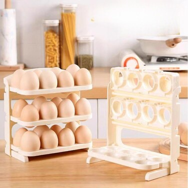 Square&acirc;&bdquo;&cent; Foldable Egg Storage Rack for Fridge &acirc;&euro;&ldquo; 24 Egg Holder 3 Tier Tray Organizer   Space-Saving Plastic Box Container   Durable Refrigerator Egg Organizer for Kitchen Storage