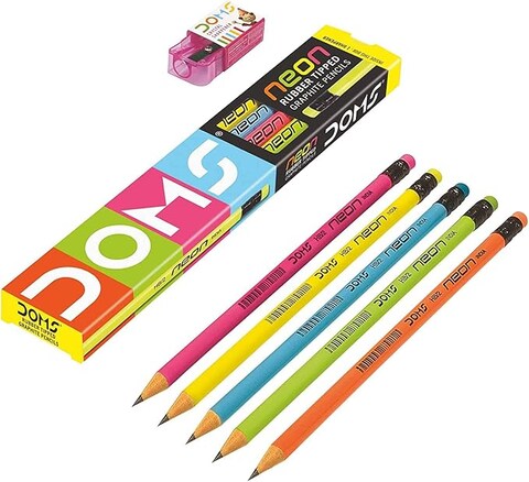 Doms Neon Wooden Pencils School Stationary Rubber Tipped Graphite for Kids, Boys &amp; Girls Pack of 30