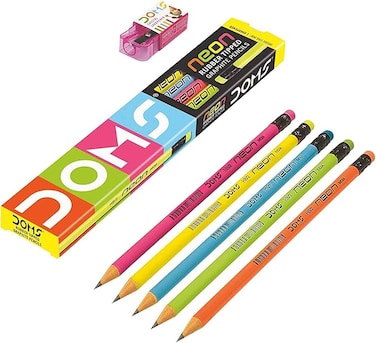 Doms Neon Wooden Pencils School Stationary Rubber Tipped Graphite for Kids, Boys &amp; Girls Pack of 30
