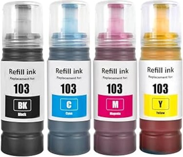 103 Ink Bottle Compatible with Epson 103 Ink C13T00S64A for L1200 Series L1210 L1250 L3100 Series L3110 L3111 L3116 L3150 L3151 (4-Pack, Black Cyan Yellow Magenta) PCK 4