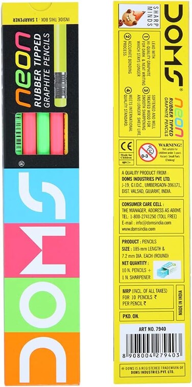 Doms Neon Rubber Tipped HB/2 Graphite Pencils (Pack of 10 x 5 Set) (Model Number: DM7940P5)