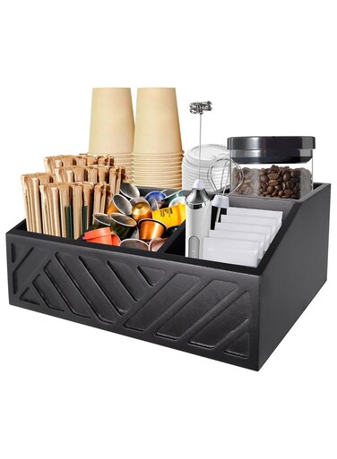 Coffee Station Organizer for Countertop, Wooden Coffee Bar Organizer with 6 Compartments and 2 Adjustable Dividers, Black Coffee Syrup and Pod Holder for Cups, Sugar, Tea Bags and Accessories