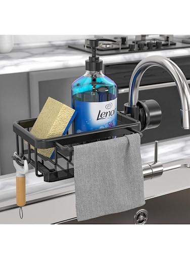 Azonee Sponge Holder for Kitchen Faucet, Aluminum Alloy Adjustable Faucet Rack, Kitchen Faucet Caddy Organizer for Holding Sponge/Dish Soap/Rag, Detachable Faucet Rack with Drain Tray (Black)