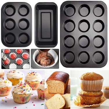 3-Piece Non-Stick Bakeware Set &ndash; 12-Cup &amp; 6-Cup Muffin Pans + Loaf Pan &ndash; Carbon Steel Cupcake Tray &amp; Bread Baking Tin &ndash; Easy Release, Kitchen Essentials for Muffins, Cakes &amp; Breads