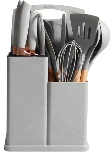 Silicone Kitchen Utensil Set Nonstick Cooking Tools, Stainless Steel Knives, Cutting Board, Spatula, Turner, Whisk, Heat-Resistant Nonstick Cookware Set With Wooden Handles(Grey)
