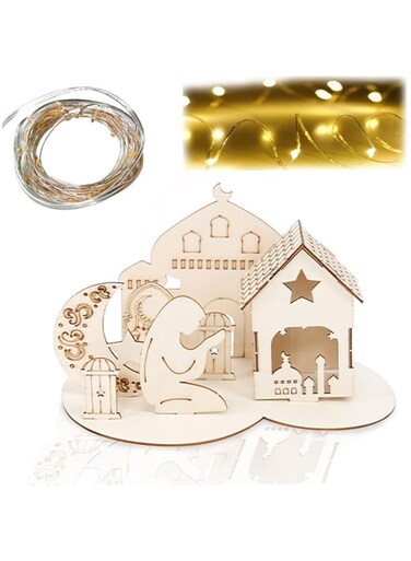 MRTURK Ramadan Table Decor, Eid Mubarak Wooden Ornament, Ramadan Mubarak Eid Decorations, Wooden Tabletop Decor with LED Light