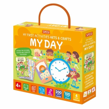 Sassi Junior My First Activities Arts &amp; Crafts &ndash; My Day Activity Book for Kids &ndash; 16‑Page Coloring &amp; Craft Set with 100 Stickers, 200 Transfers &amp; Tracing Pen &ndash; Fun Creative Play for Ages 4+