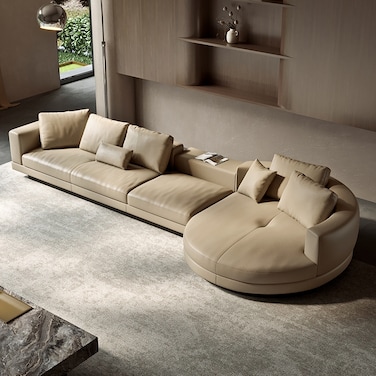 Karnak Murphy Designer 4 Seater Sectional Round Chaise Leather Sofa - Khaki
