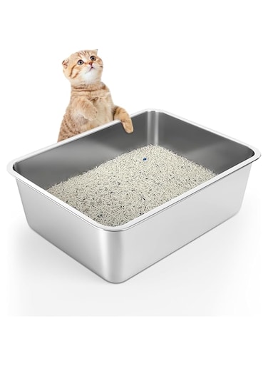 Stainless Steel Cat Litter Box - Large Litter Box for Big Cats - Easy to Clean, Never Absorbs Odor, Stains, or Rusts - Silver (17.7" L x 13.5" W x 6" H)