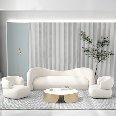 Karnak Lamb Plush 3 Seater Fabric Sofa With Two Poufs - White