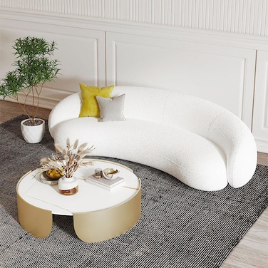 Karnak Feather Round Teddy Fabric Sofa Lounge - White