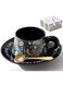 Style Ceramic Cup and Saucer Set, 9oz Teacup with Saucer and spoon- Birds and Floral Pattern (Black)