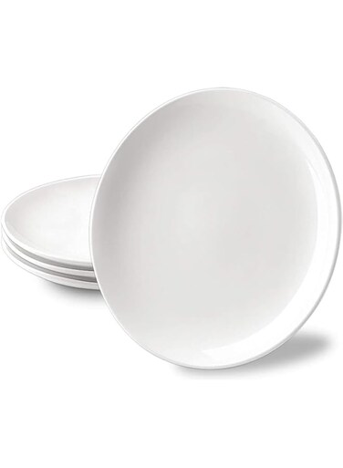 DELLING 10 inch White Dinner Plates Set, Porcelain Dessert/Salad Plate, Serving Dishes, Dinnerware Sets, Scratch Resistant, Lead-Free, Microwave, Oven, and Dishwasher Safe - Set of 4