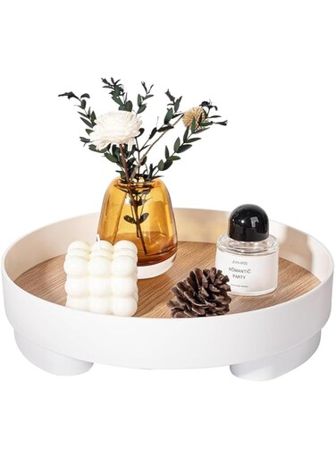 PYEBE Round Wooden Tray Rustic Decorative Tray Fall Home Decor 11.8" Serving Tray Farmhouse Coffee Table Centerpiece Decor Circle Tray (Black) (White)