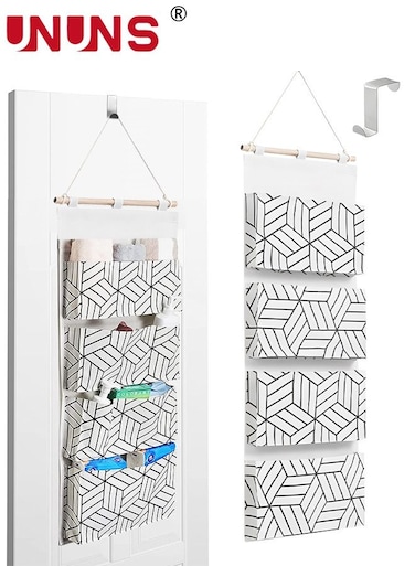 Over Door Hanging Storage Bags Wall Mount Closet Organizer, 4 Big Pockets Linen Cotton Fabric Multi Functional Living Room Bedroom Bathroom File Magazine Waterproof White
