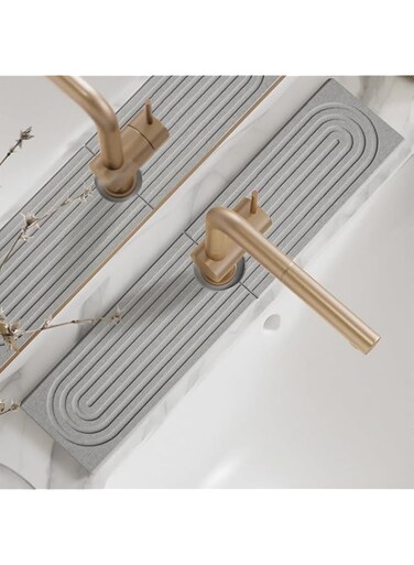 sddjqy Kitchen Faucet Absorbent Mat - Diatomaceous Earth Splash Guard for Sink Faucet, Aesthetic Water Absorbing Stone Tray in The Modern Home[23.6" x 3.9", Grey]