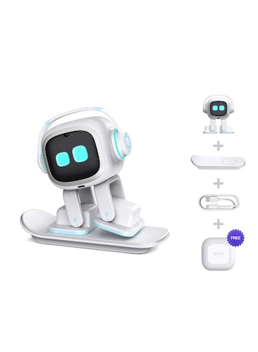 EMO Robot Desktop Pet Companion (Skateboard-White)   AI-Powered Smart Robot with Voice Interaction, Smart Light &amp; Wireless Charging Skateboard Base for Kids and Adults
