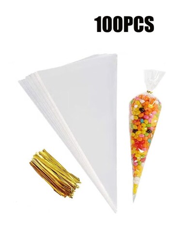 100 Piece Clear Cone Cellophane Bags, DIY Gift Bags with Gold Twist Ties, Triangle Bags for Candies Cookies Snacks