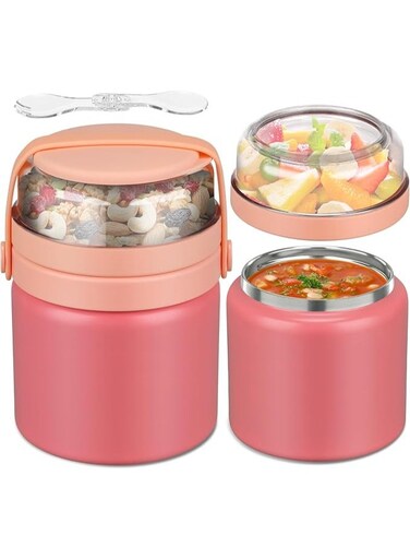 2 in 1 Double Insulated Food Jar 13.5oz Soup Thermo with Snack Container Kids Thermo for Hot Food Lunch Containers Wide Mouth Vacuum Stainless Steel Leak Proof for School Travel(Pink)