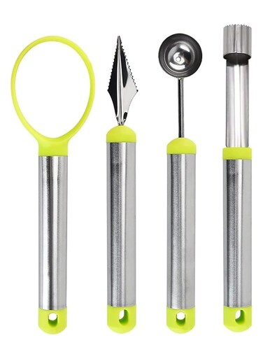 Baller Scoop Set, Professional 4 Piece Stainless Steel Watermelon Knife Fruit Carving Tool Set&iuml;&frac14;&OElig;Fruit Scooper Seed Remover Melon Baller Carving Knife Double Sided Melon Baller 4 Pcs