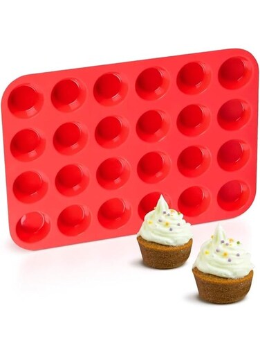 Cups Silicone Muffin Pan for Baking, Non-Stick Cupcake Tray, Reusable 24-Cavity Cupcake Mould, Food-Grade Silicone Mini Muffin Tin for Cheesecake, Egg Muffins, Cookies, Red