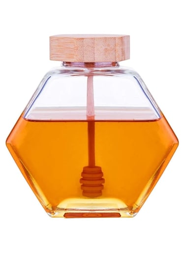 ELECDON Honeycomb Shape Honey Pot Jar, Clear Heat-Resistant Storage Container Honey Pot Glass Honey Jar with Dipper and Lid Cover Store Jam, Spice, Honey, Pudding for Home Kitchen Serving Spoon,380ML