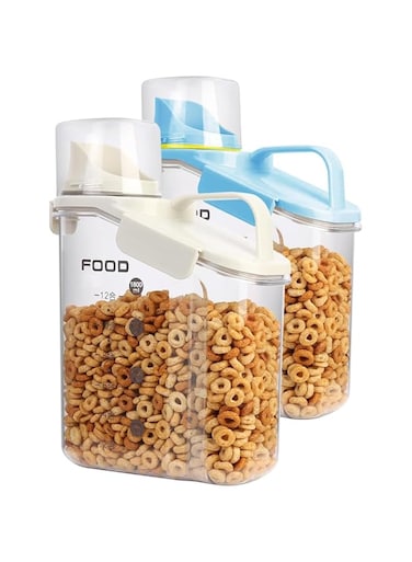 ALMEKAQUZ Cereal Containers Storage,2L Airtight Large Dry Food Storage Containers with Pouring Spout,Measuring Cup for Flour and Grain,Plastic Dispenser for Dry Food,Rice,Sugar,Pet Food dispenser,2pcs