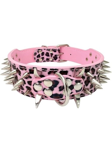 Dog Collar Sharp Spiked Studded Luxurious Padded Leather Collars for Medium Large Dogs (Pink, L)