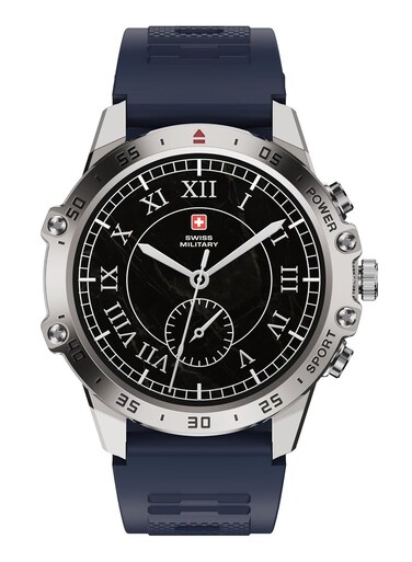 DOM5 Smartwatch 1.43-inch AMOLED, Bluetooth Calling, Multi Language, Health And Sports Tracking, Wireless Charging, 7 Days Battery, IP68, iOS/Android Compatible, Silver Frame with Blue Strap