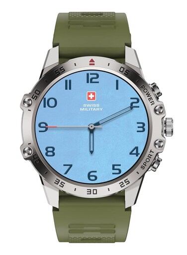 Swiss Military DOM5 Smartwatch 1.43" AMOLED, Bluetooth Calling, Multi Language, Health &amp; Sports Tracking, Wireless Charging, 7 Days Battery, IP68, iOS/Android Compatible,Silver Frame with Green Strap