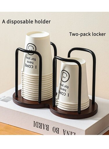 2 - Compartment Paper Cup Holder - Versatile Storage for Disposable, Coffee &amp; Tea Cups - Made of Log &amp; Iron with High - Quality Texture black