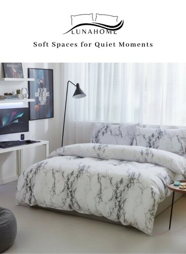Home Single Size 4 Piece. 1 Duvet cover - 160*210cm. 1 Fitted sheet - 100*200+30cm. 2 Pillow covers - 50*75cm. Bedding Set Without Filling, Soft Fabric Marble Design.