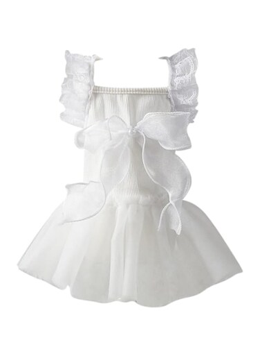 Bow Decor Dog Dress Square Neck Cat Puppy Tutu Skirts Pets Clothing Lace Mesh Dog Wedding Birthday Holiday Dress for Small Medium Dogs Cats Kittens (White, XL)