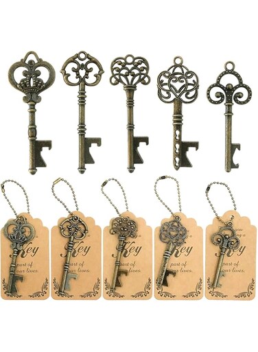 WODEGIFT 50pcs Bottle Opener,Wedding Favors Vintage Skeleton Key Bottle Opener,Key Bottle Openers with Escort Tag Cards and Key Chains Wedding Gifts for Guest（Bronze,5 styles）