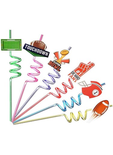 24 Football Theme Reusable Drinking Straws 6 Designs Perfect for Rugby Theme Birthday Party Supplies Party Favors with 2 Cleaning Brushes