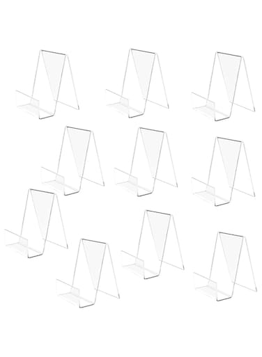 hicoosee Clear Acrylic Book Stand, 10 Pieces Transparent Book Display Stand for Displaying Books, Notebooks, Picture Albums, Picture Books, Menu, Magazine