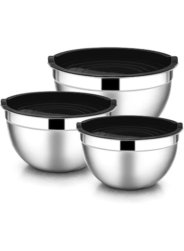 E-far Mixing Bowls with Lids, 6-Piece Stainless Steel Salad Bowls Metal Nesting Bowls for Baking Cooking and Prepping, Airtight Lids &amp; Stackable Design, Size 4.5, 3, 1.5 QT (Black)
