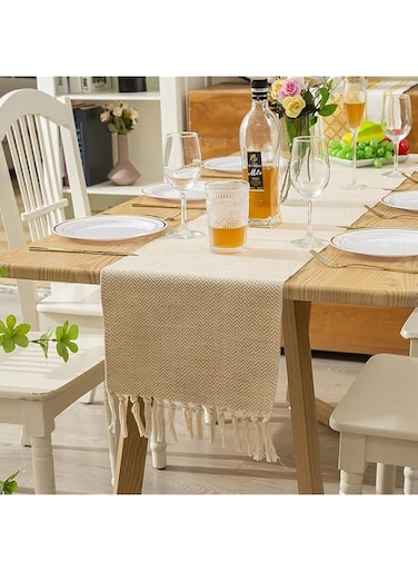 Table Runner, Farmhouse Rustic Linen Table Runner with Handmade Tassel, 13 &times; 72 Inch Table Decor for Party and Dining Room Decorations