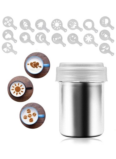 Life Chocolate Shaker Powdered Sugar Shaker Duster 16 Coffee templates Set for Cream, Powdered Sugar, Cocoa, Cappuccino, for Kitchen, Drinks, Baking
